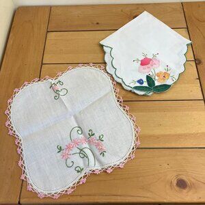 Hand Embroidered Cotton Doily Vanity Mat Vintage Set of 2 Floral